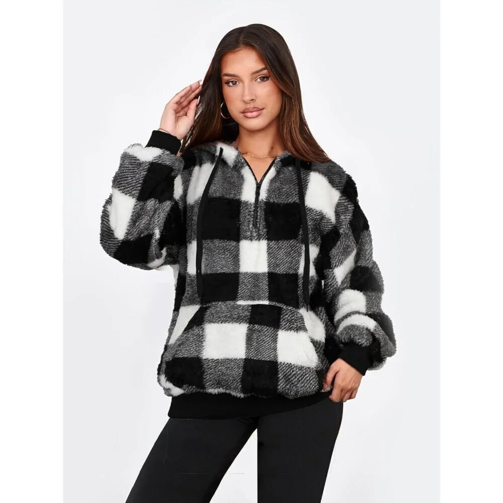 Women Black and White Plaid Oversized Fuzzy Fleece Zip up Hoodie Sweatshirt_2